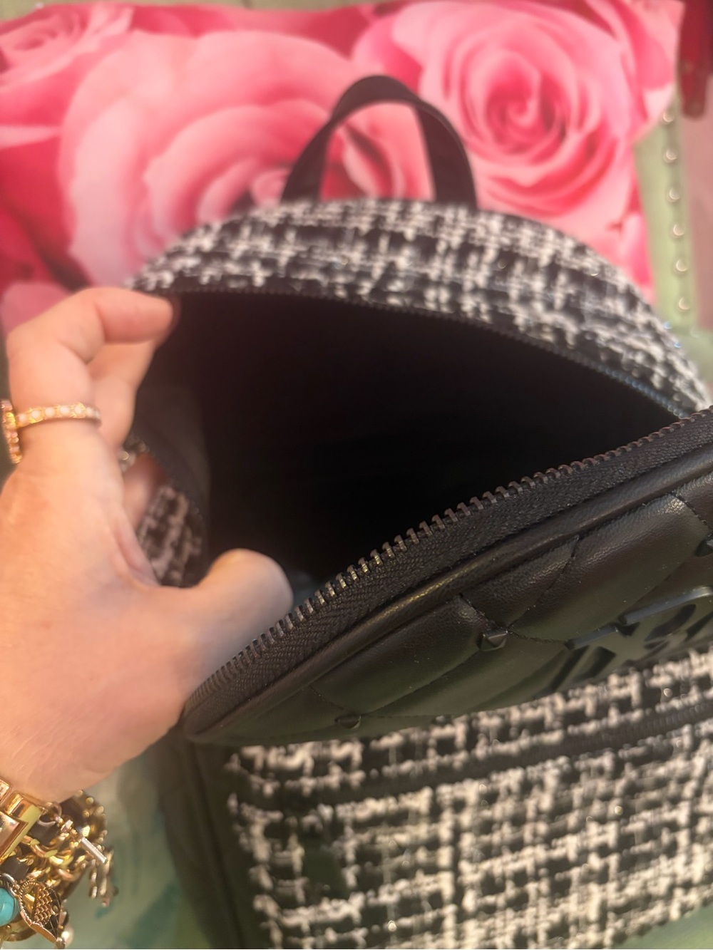 Badgley Mischka Black Quilted Backpack with Black-and-White Tweed Pocket - Picture 7 of 7